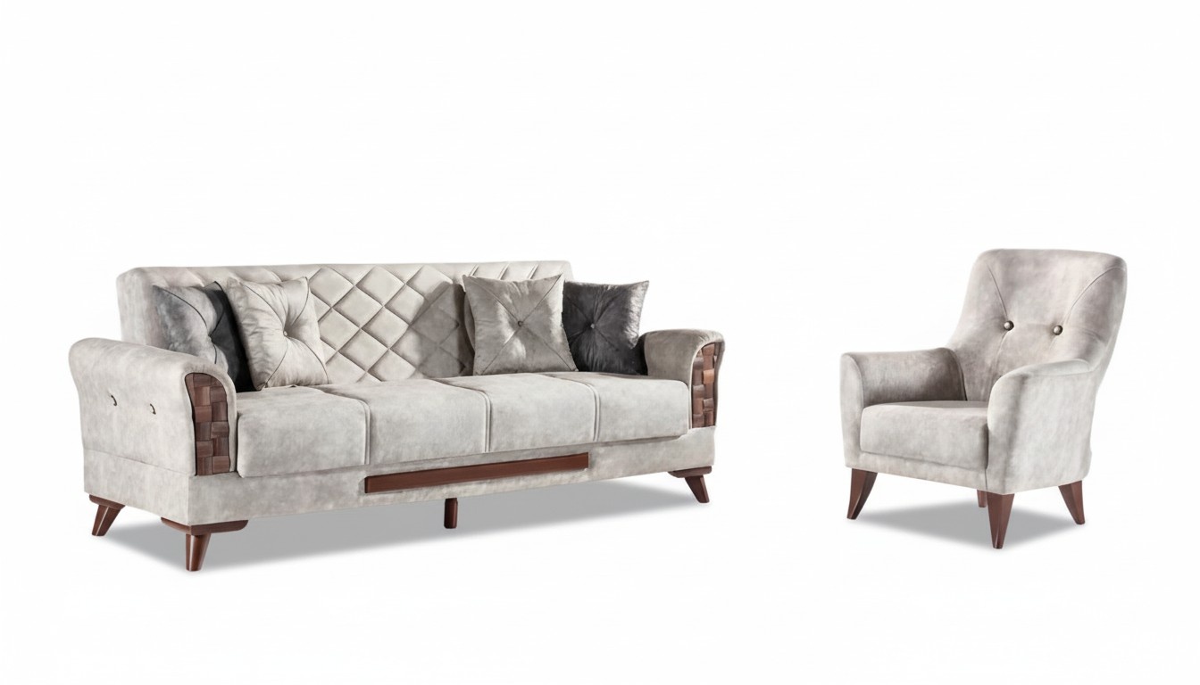 Sofagarnitur Polster Couchen MÃ¶bel Set 2tlg 3-Sitzer Sofa Sessel Grau Textil