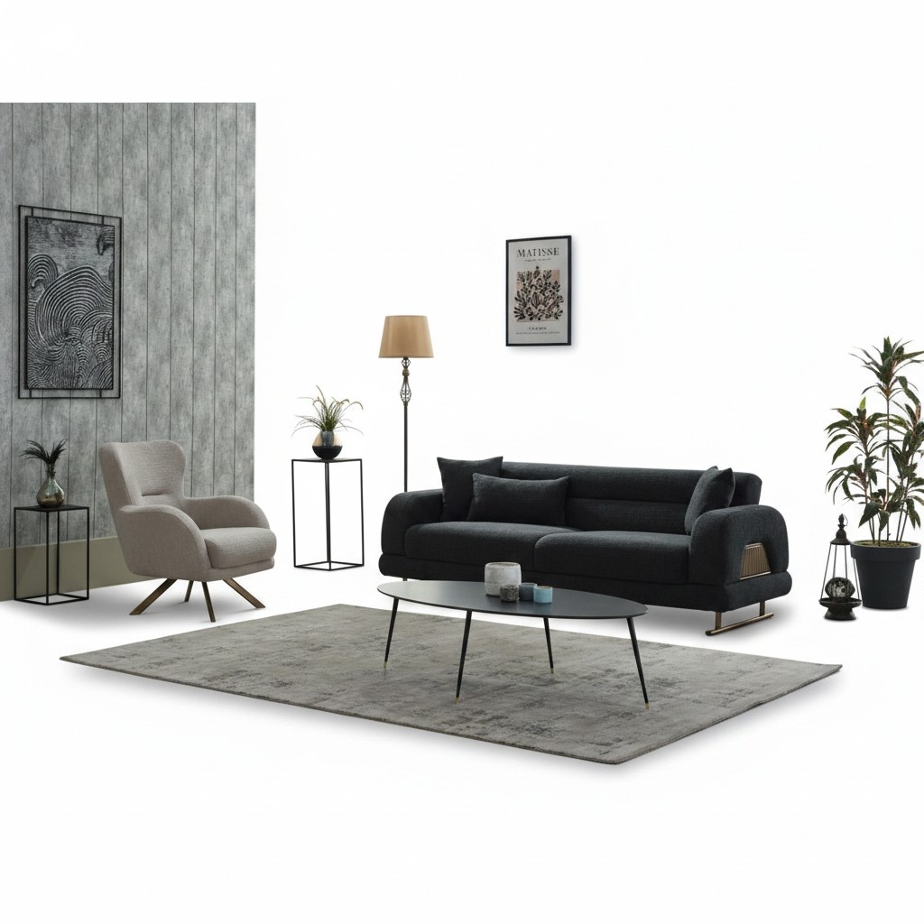 Sofagarnitur Polstersofa Dreisitzer Sessel Stoff Schwarz Sofa Set 2tlg