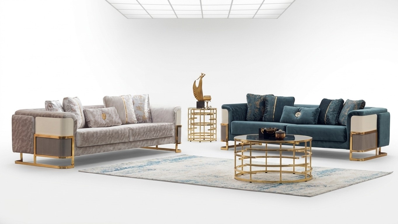 Sofagarnitur Sofas Couchen Polstersofa Dreisitzer Luxus Beige Stoff