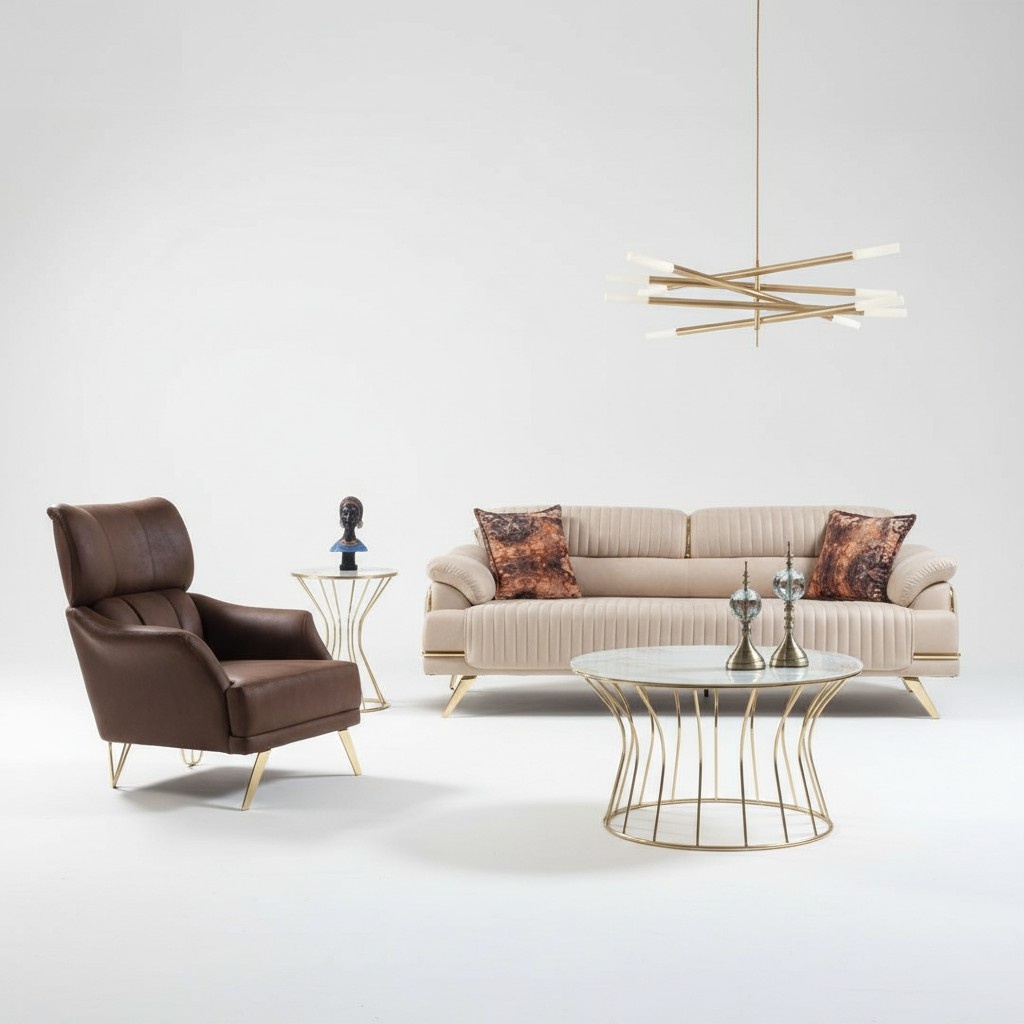 Stilvolle Beige Kunstleder Wohnzimmer Garnitur Designer 3-Sitzer Sessel 2tlg
