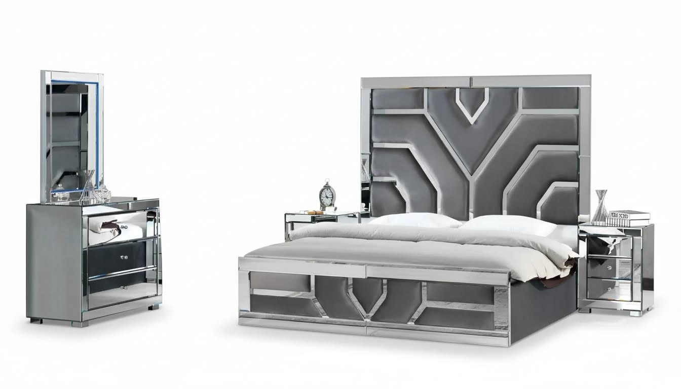 Stilvolle Graue Schlafzimmer Garnitur 2x Nachttische Textil Bett Kommode