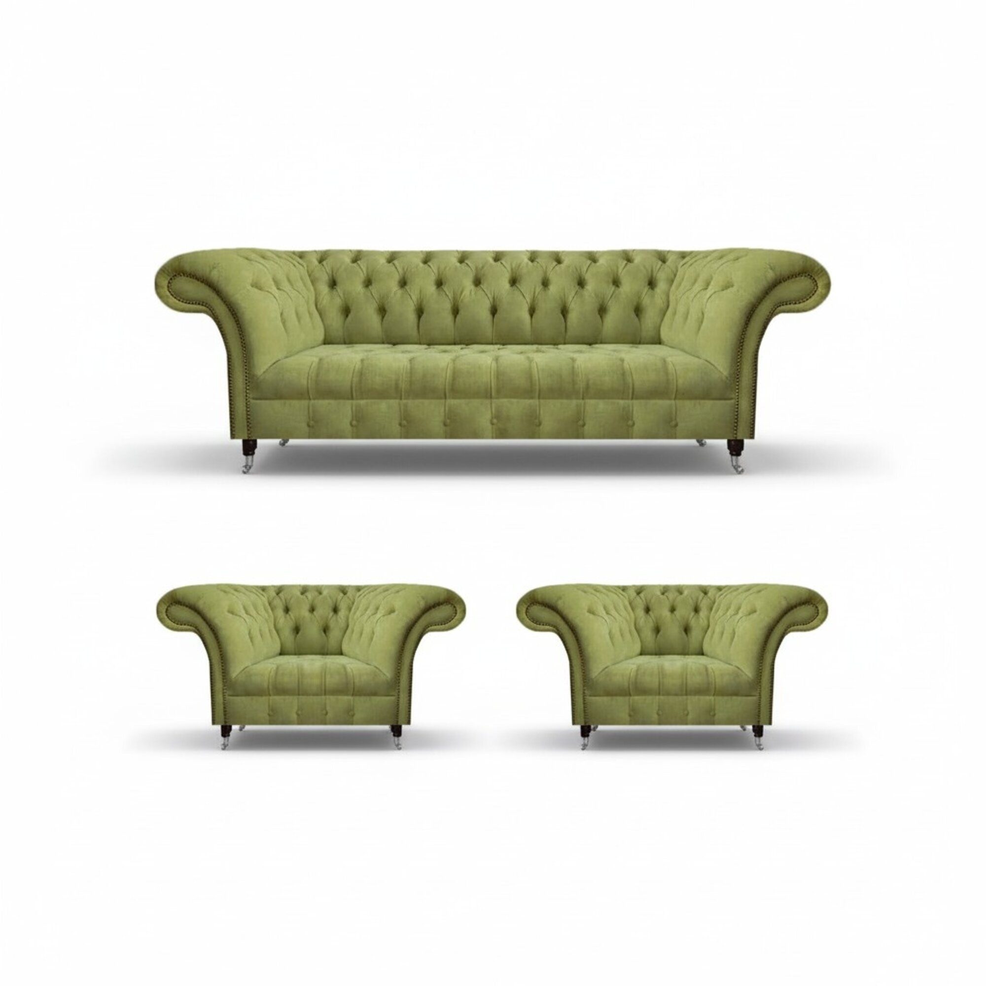 Elegante GrÃ¼n Chesterfield-Sofagruppe, 3-Sitzer & 2 Sessel, optional: 4- & 2-Sitzer; MaÃe: Sofa 220x90x80cm, Sessel 130x90x80cm; Material: Holz & Textil; Premium Leder & samtiger Stoff; KristallknÃ¶pfe, echtes Holzgestell; Modernes, bequemes Design; A