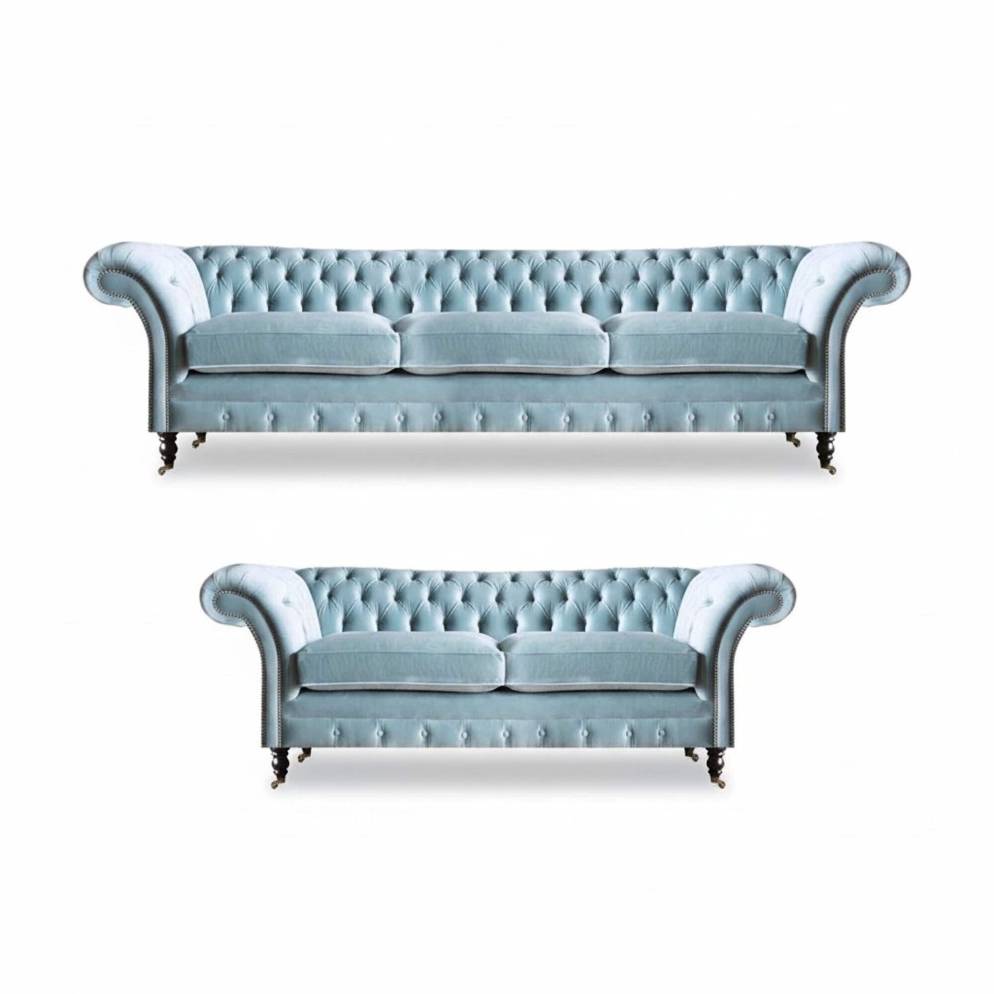Stilvolle Hellblaue Chesterfield Designer Garnitur Dreisitzer 2-Sitzer