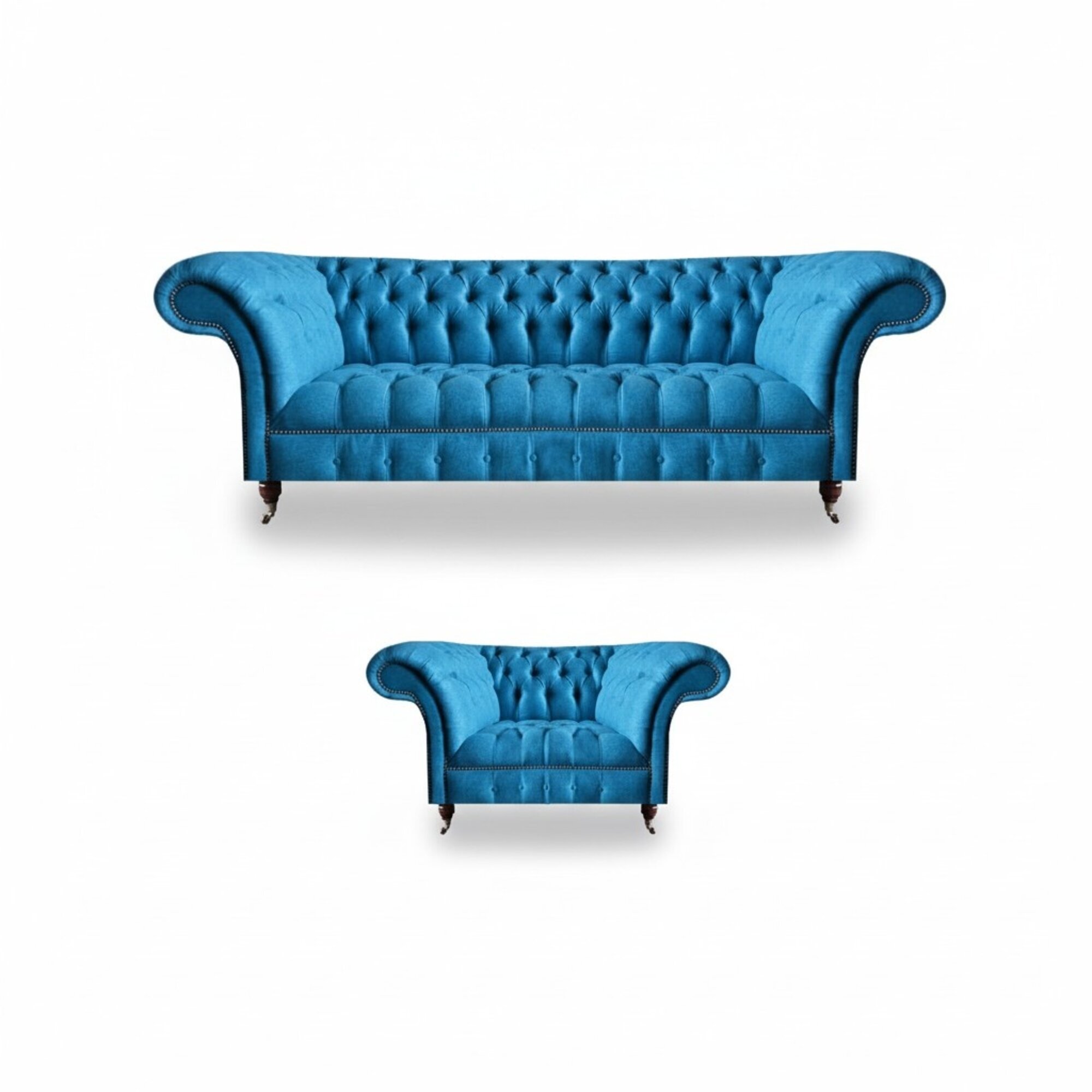 Stilvolle Hellblaue Chesterfield Garnitur Polstersessel 3-Sitzer 2tlg