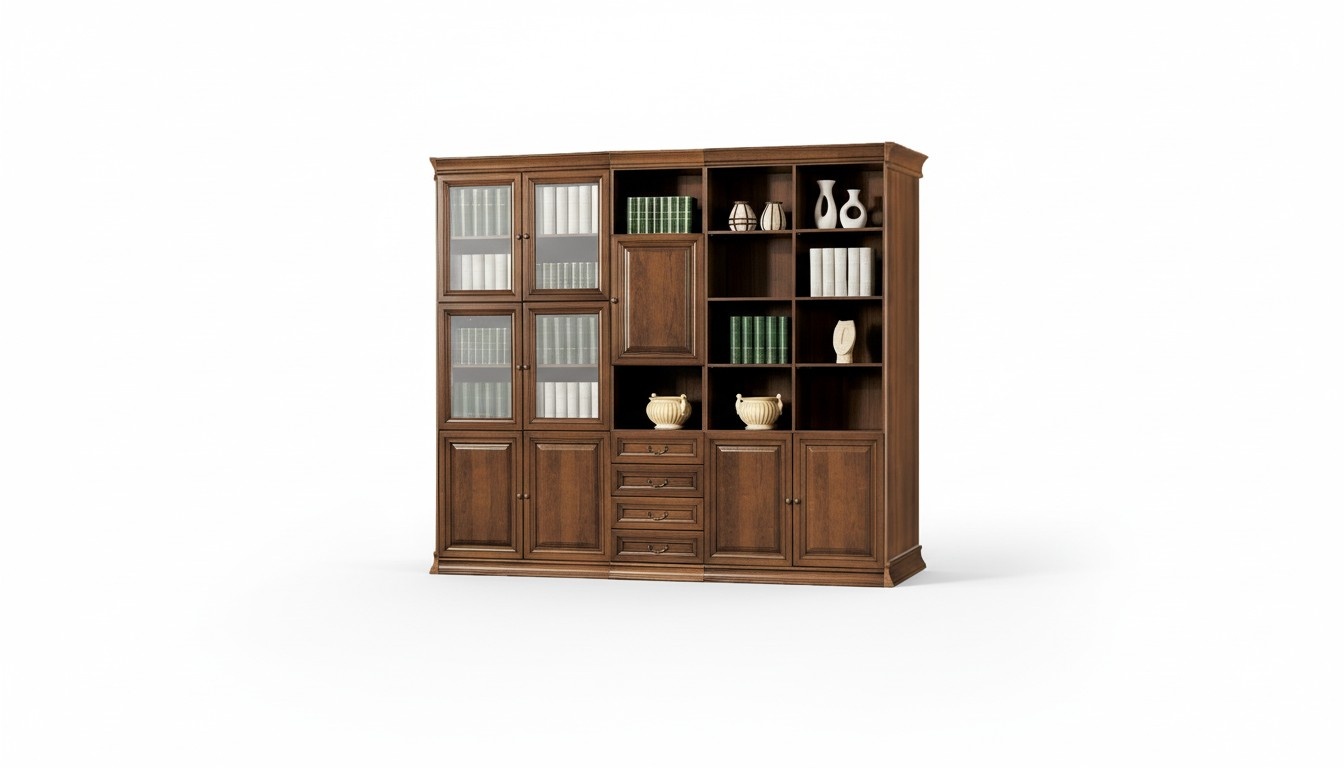 Stilvoller Brauner BÃ¼roschrank Teilmassiv Holz Regale GlastÃ¼ren Arbeitszimmer