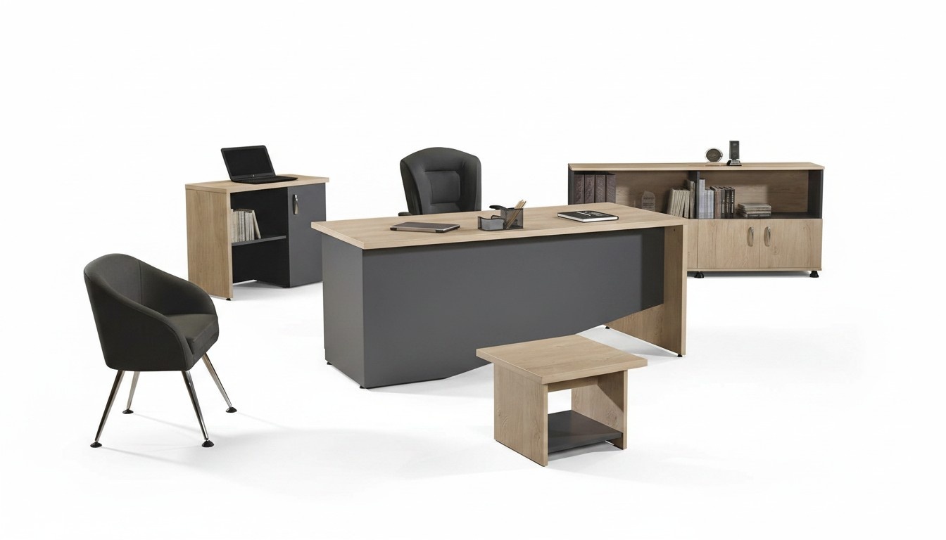 Tisch BÃ¼ro MÃ¶bel ArbeitszimmermÃ¶bel Schreibtisch Set 4tlg Holz Grau