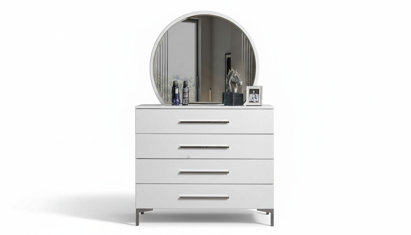 ViertÃ¼rige WeiÃe Schlafzimmer Kommode Designer Glas Rundspiegel 2tlg Set