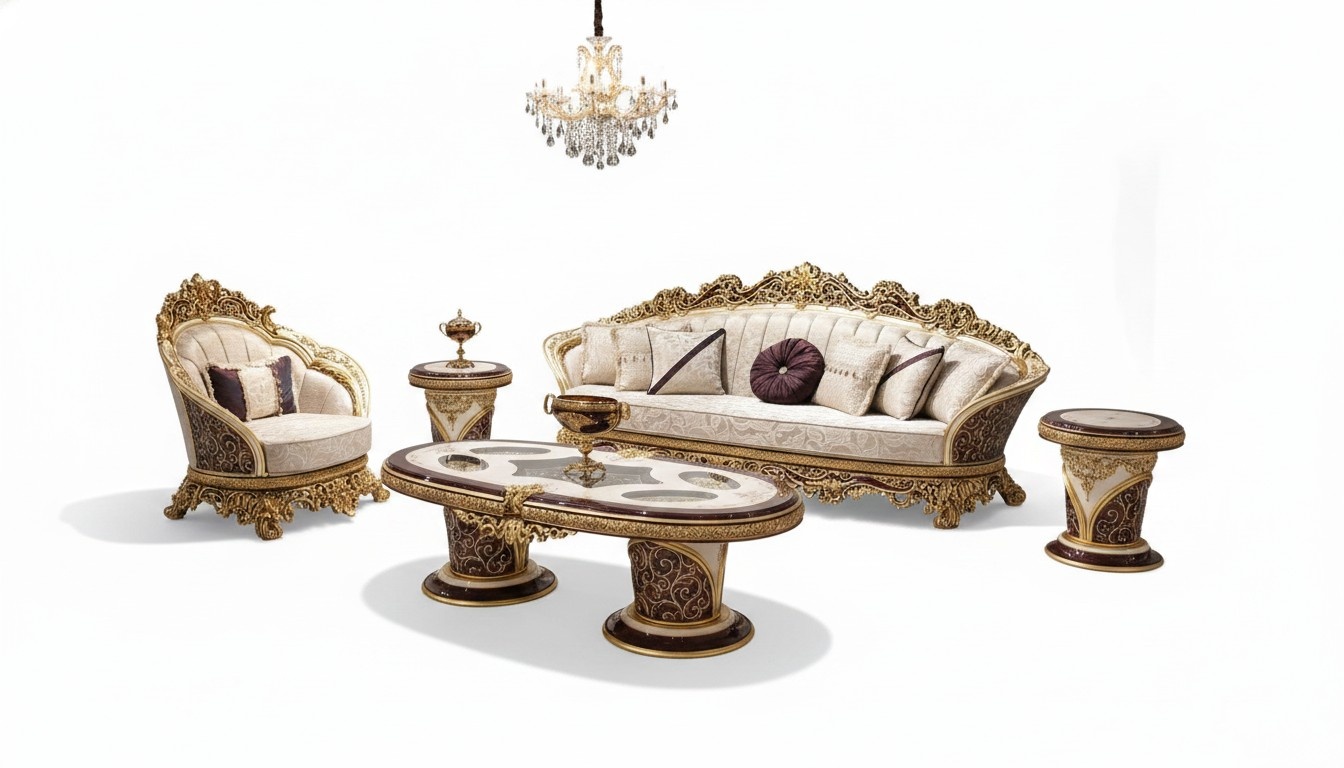WeiÃ-Goldene Sofagarnitur Chesterfield 3+1 Sitzer Couchtisch Set 3tlg Sofa