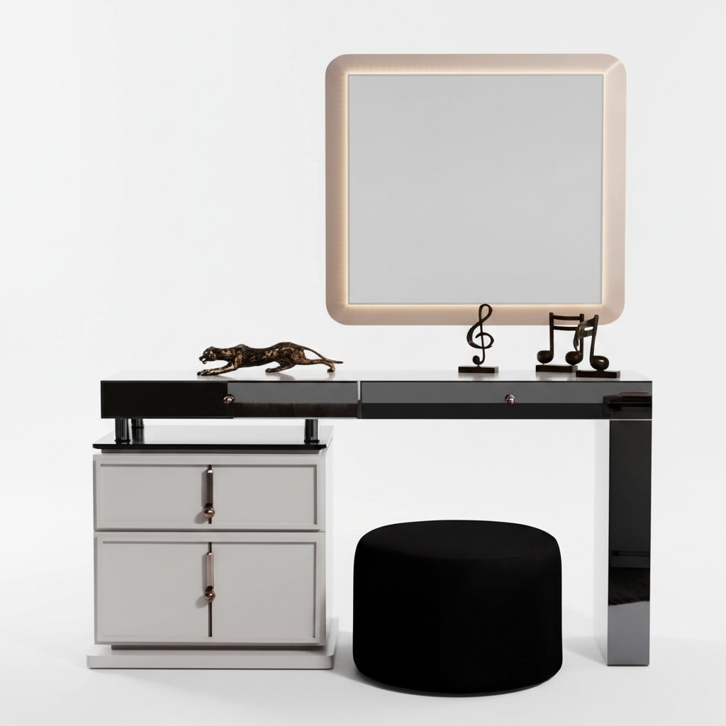 WeiÃer Schminktisch Designer Rechteckiger Spiegel Polsterhocker 3tlg Set