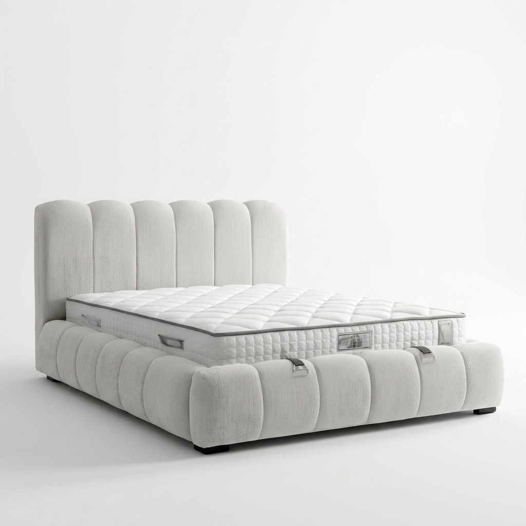WeiÃes modernes Bett aus Textil mit hochwertiger Matratze