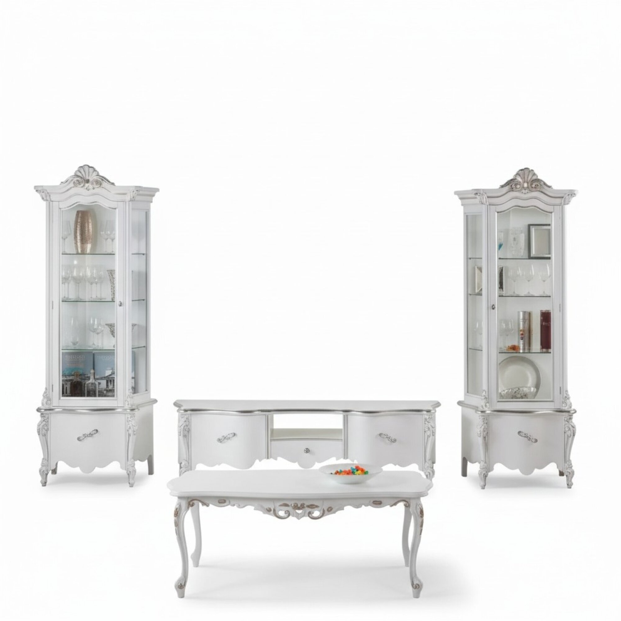 WeiÃes Wohnzimmer Set TV-StÃ¤nder Couchtisch 2x Vitrine Luxus HolzmÃ¶bel