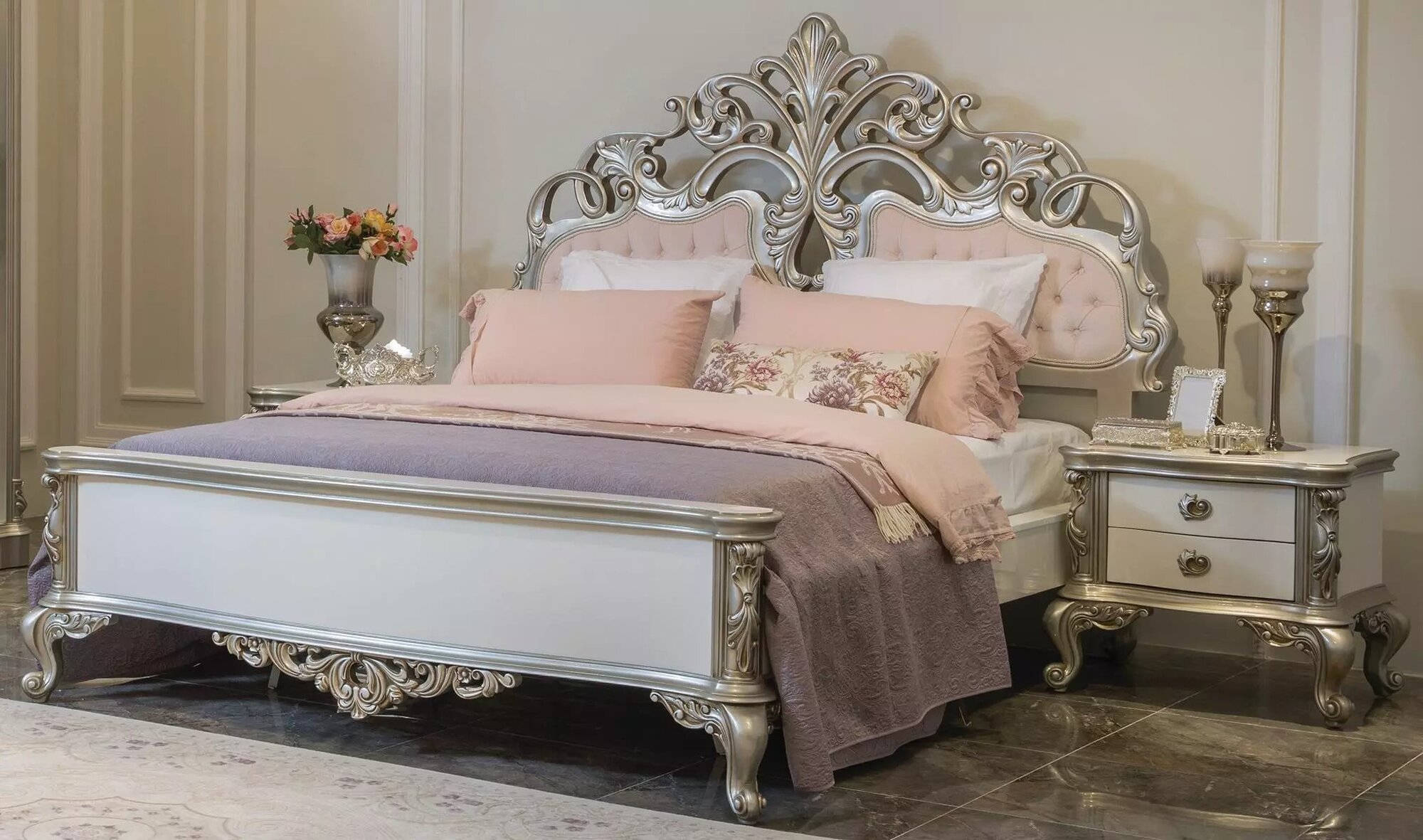 Bett MÃ¶bel Silber Rosa Schlafzimmer MÃ¶bel Design Betten Luxus Barock Holz