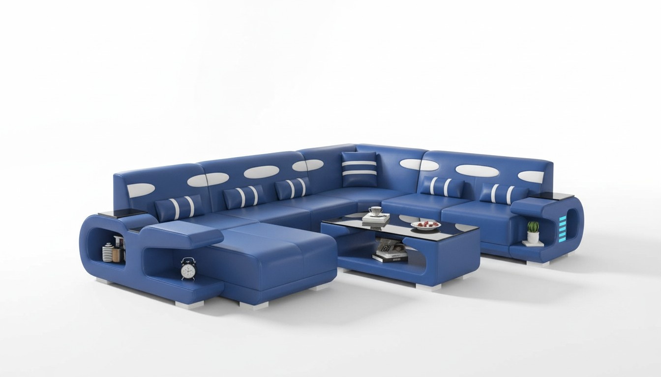 Wohnlandschaft XXL Sofa U Form GroÃ Ecksofa Ledersofa Blau Sofas Neu