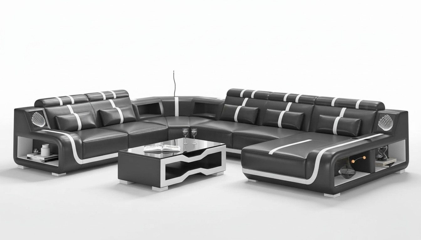 Wohnlandschaft XXL Sofa U Form GroÃ Ecksofa Ledersofa Schwarz Sofas