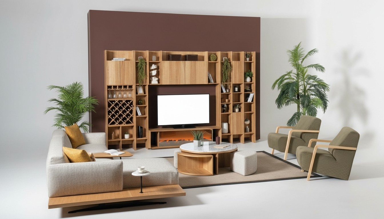 Wohnwand mit Elektro Kamin WohnwÃ¤nde Ecksofa Sessel Komplett Set 5tlg