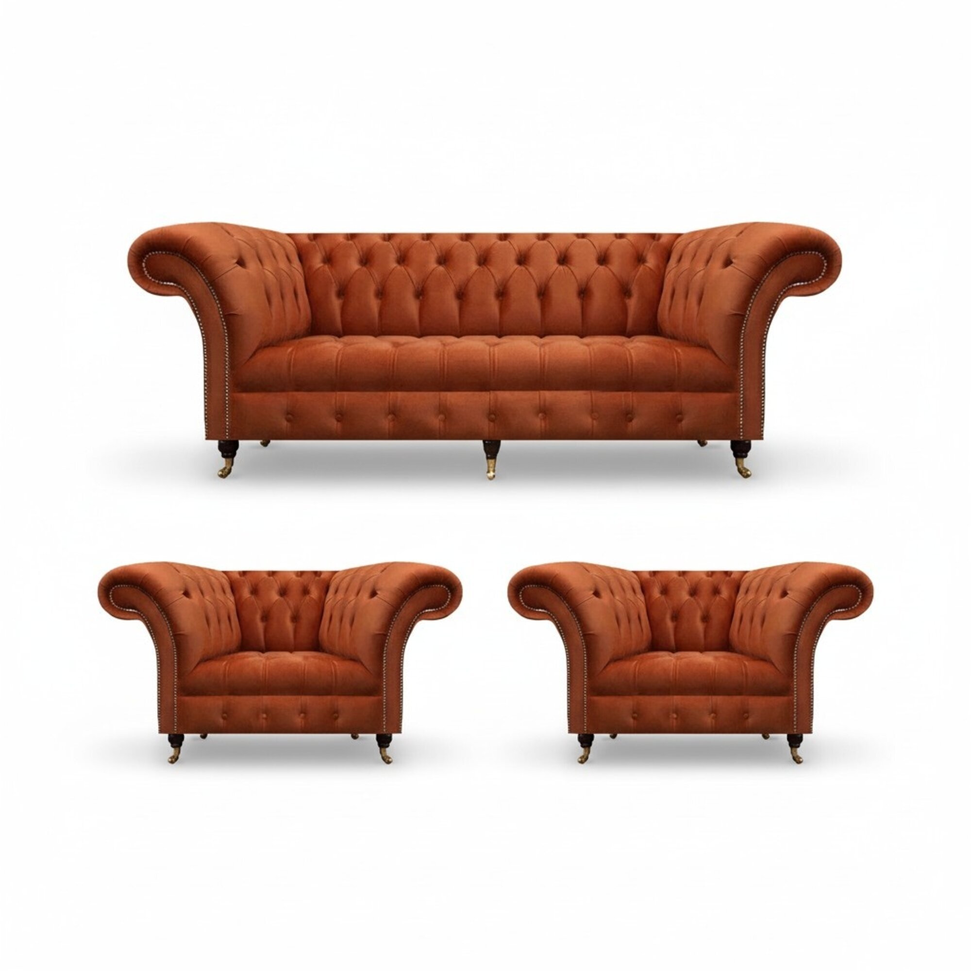 Wohnzimmer Braune Chesterfield Garnitur 2x Polstersessel 3-Sitzer 3tlg
