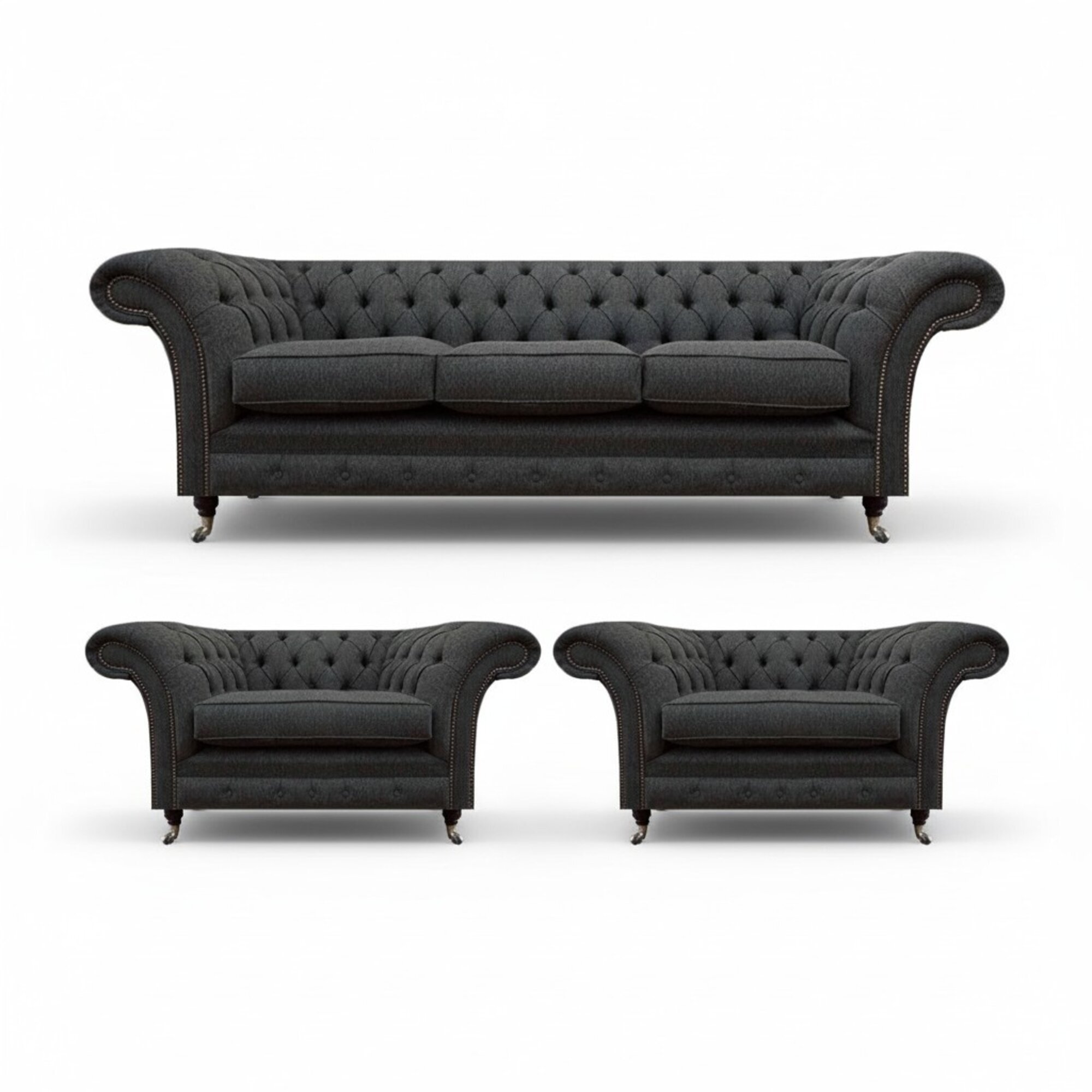 Wohnzimmer Chesterfield Couchen Schwarzer Dreisitzer 2x Sessel 3tlg Set