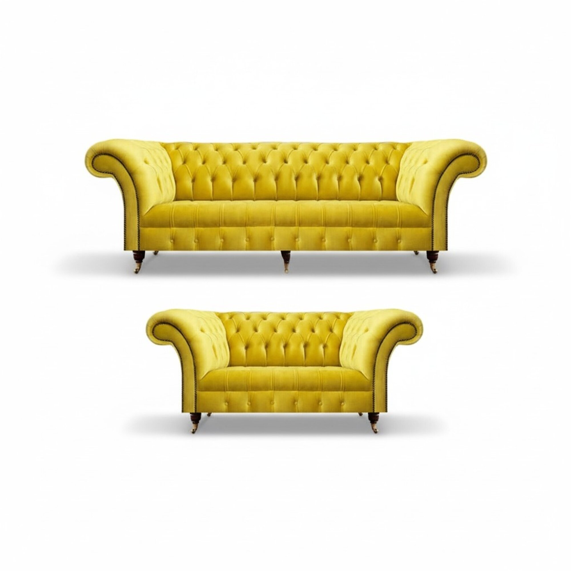Wohnzimmer Gelb 2x Sofas Dreisitze mit Zweisitzer Couch Textil Chesterfield