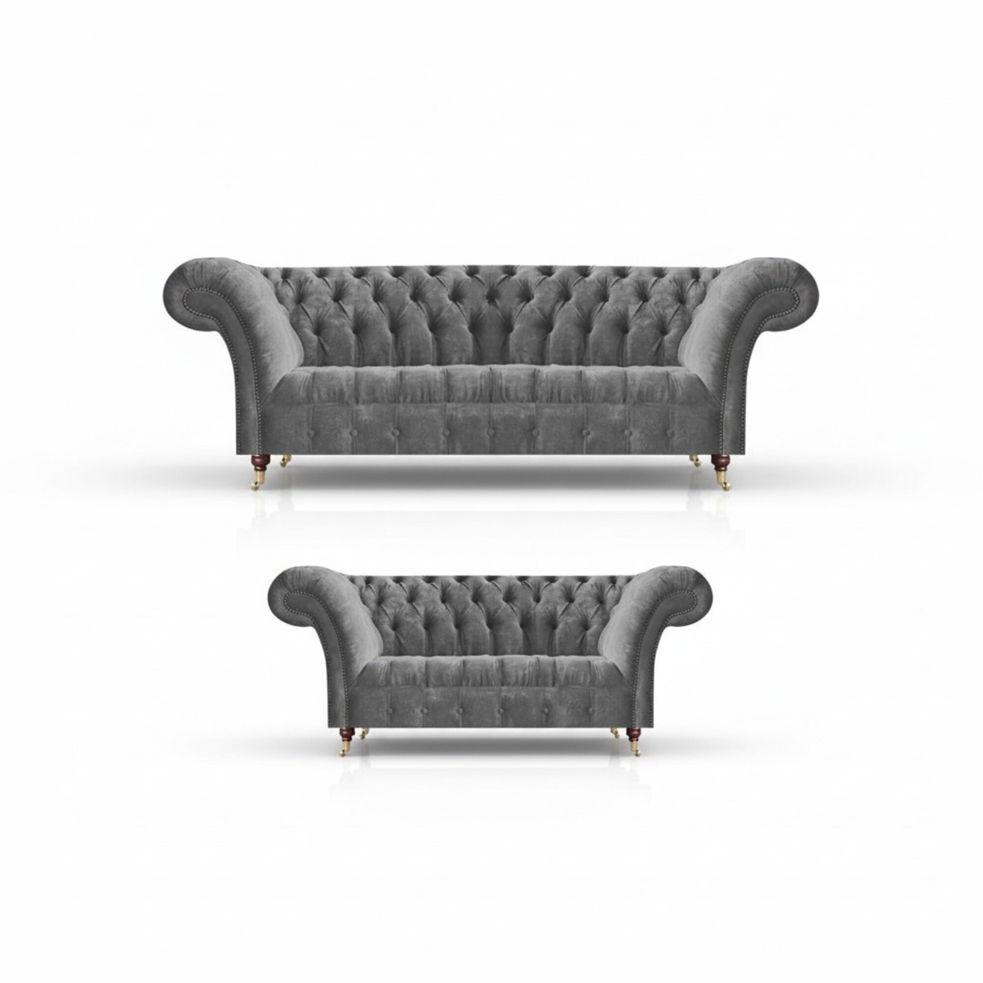 Wohnzimmer Graue Chesterfield Sofas Komplettes Set 3-Sitzer Zweisitzer