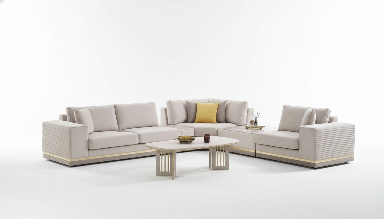 Wohnzimmer Hellbeiges Ecksofa L-Form Couch Modernes Textil Sofa MÃ¶bel