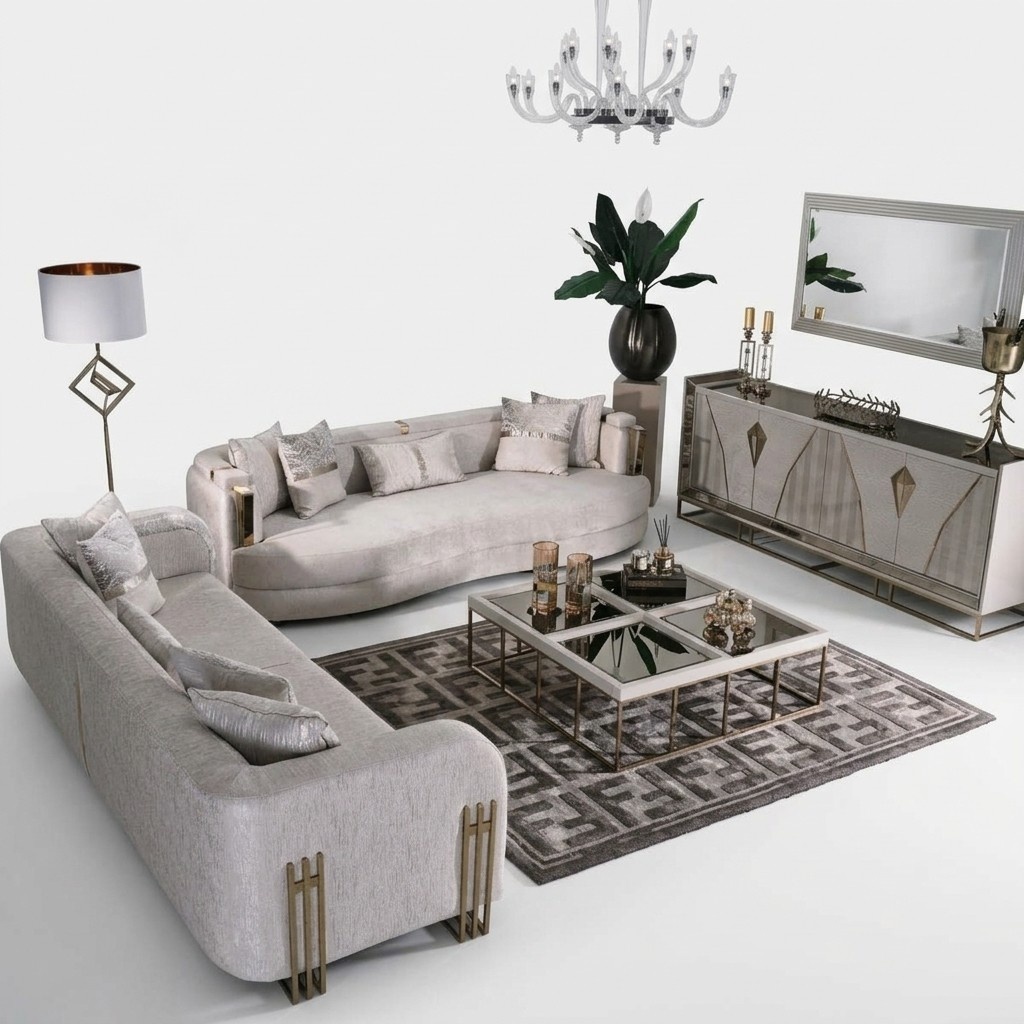 Wohnzimmer Komplette Couchgarnitur Dreisitzer Stoffsofa Set 6tlg GroÃ