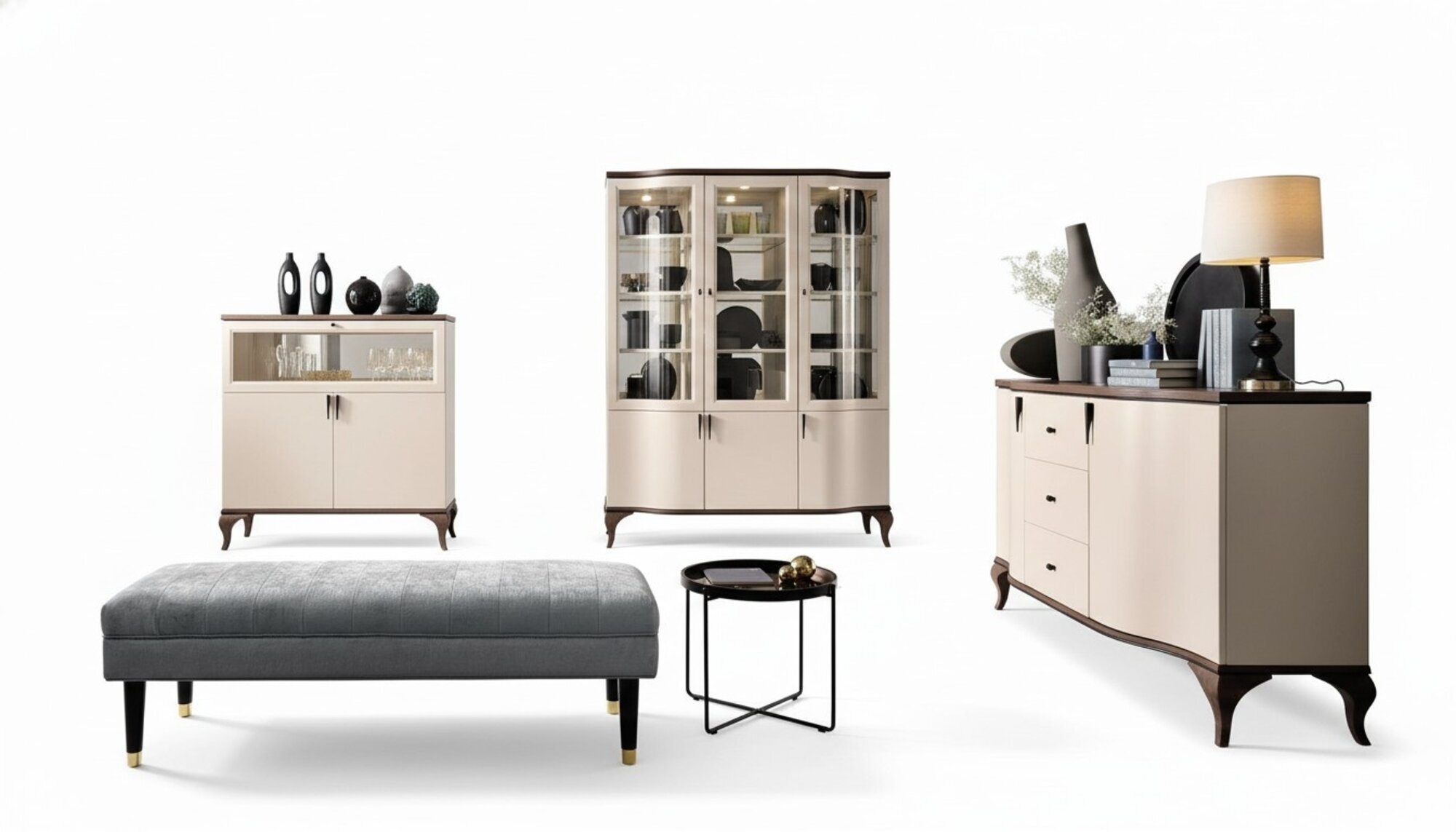 Wohnzimmer MÃ¶bel Set - Kommode Barschrank Vitrine 3tlg. Set Desing