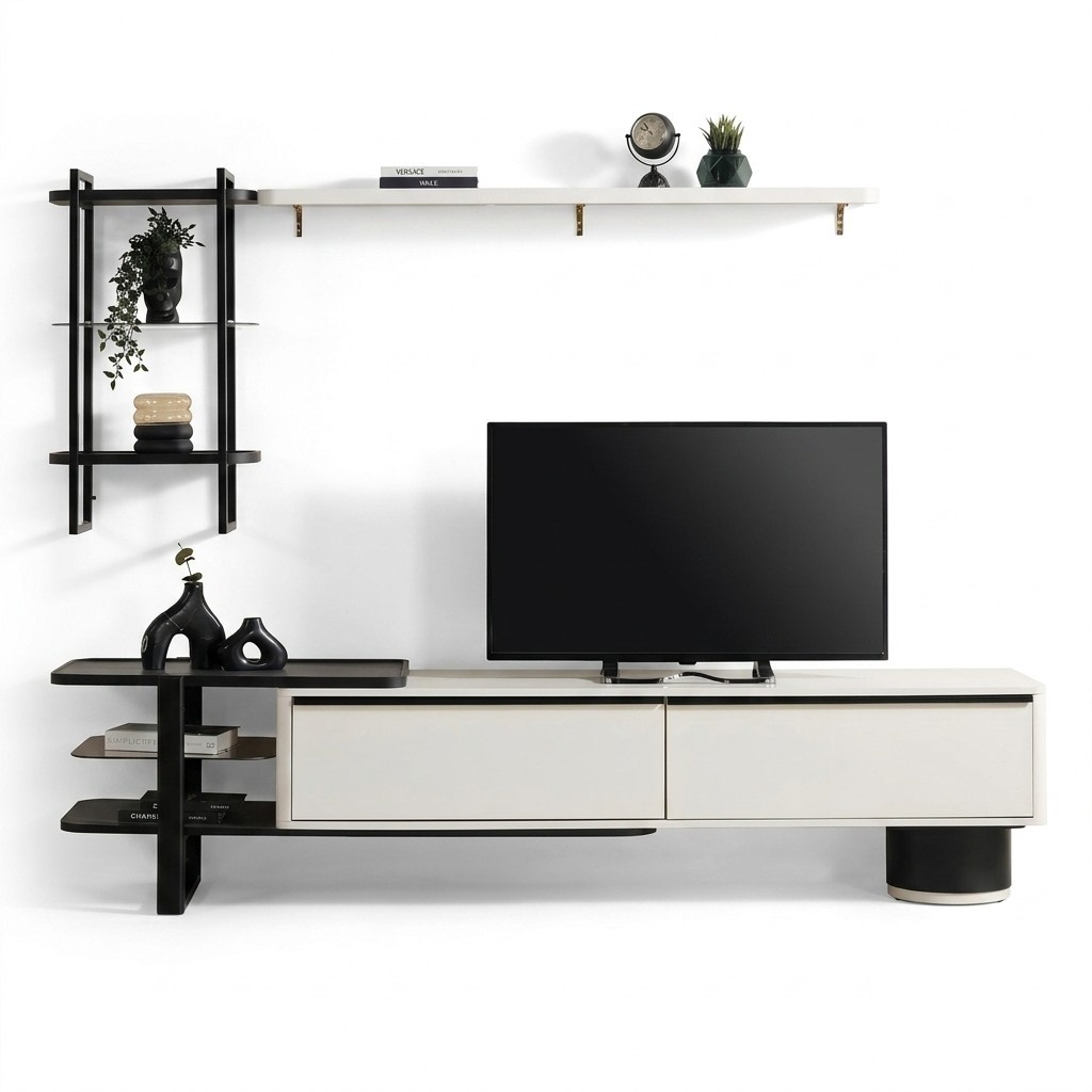 Wohnzimmer RTV Lowboard TV StÃ¤nder Schrank Holz WeiÃ Regale Wohnwand