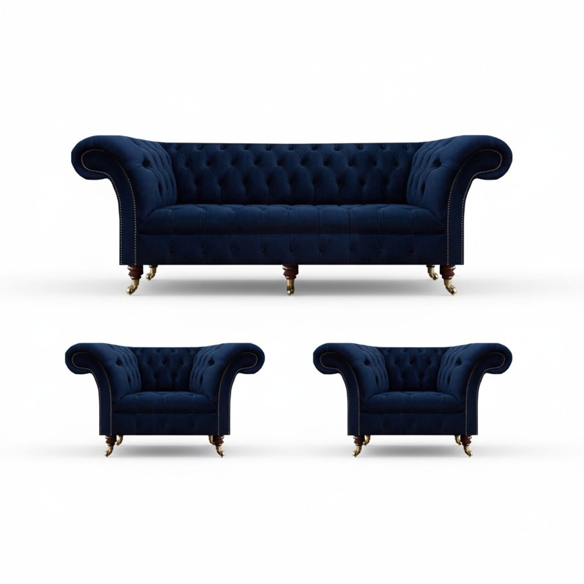 Wohnzimmer Set 3tlg Chesterfield Blau Luxus Dreisitzer Sofa 2x Sessel Neu