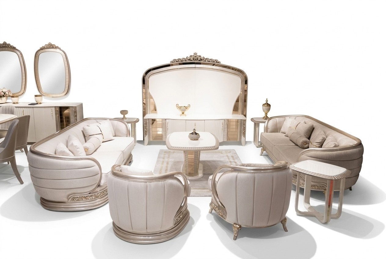 Wohnzimmer-Set aus Holz und Textil in Beige, modern, stilvoll