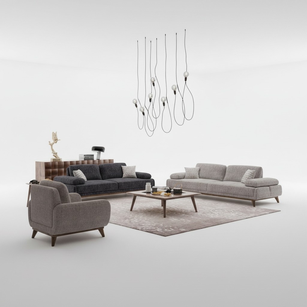 Wohnzimmer Set Grau Sofa Zweisitzer mit Dreisitzer Textil Design Couchtisch