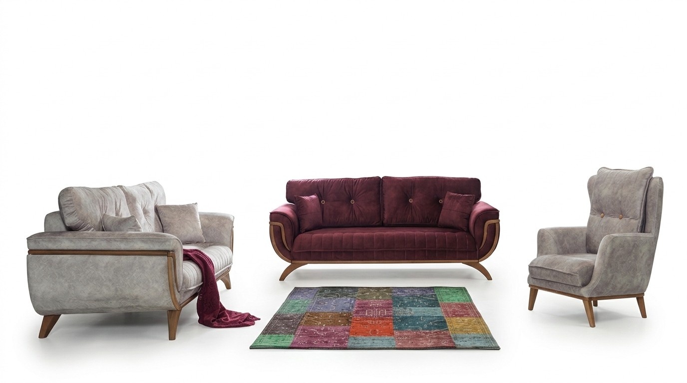 Wohnzimmer Sofagarnitur 3+3+1 Polster Textil Design Modern grau MÃ¶bel