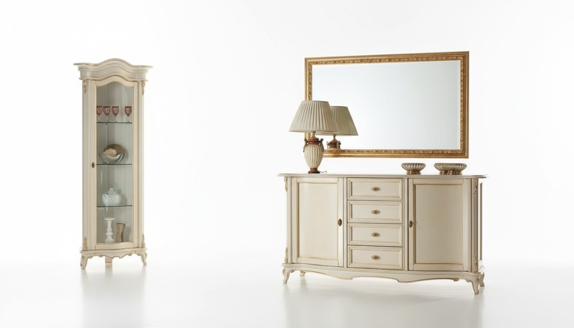 Wohnzimmer Vitrine Schrank Kommode Italien Spiegel klassisches Set 3tlg WeiÃ Neu