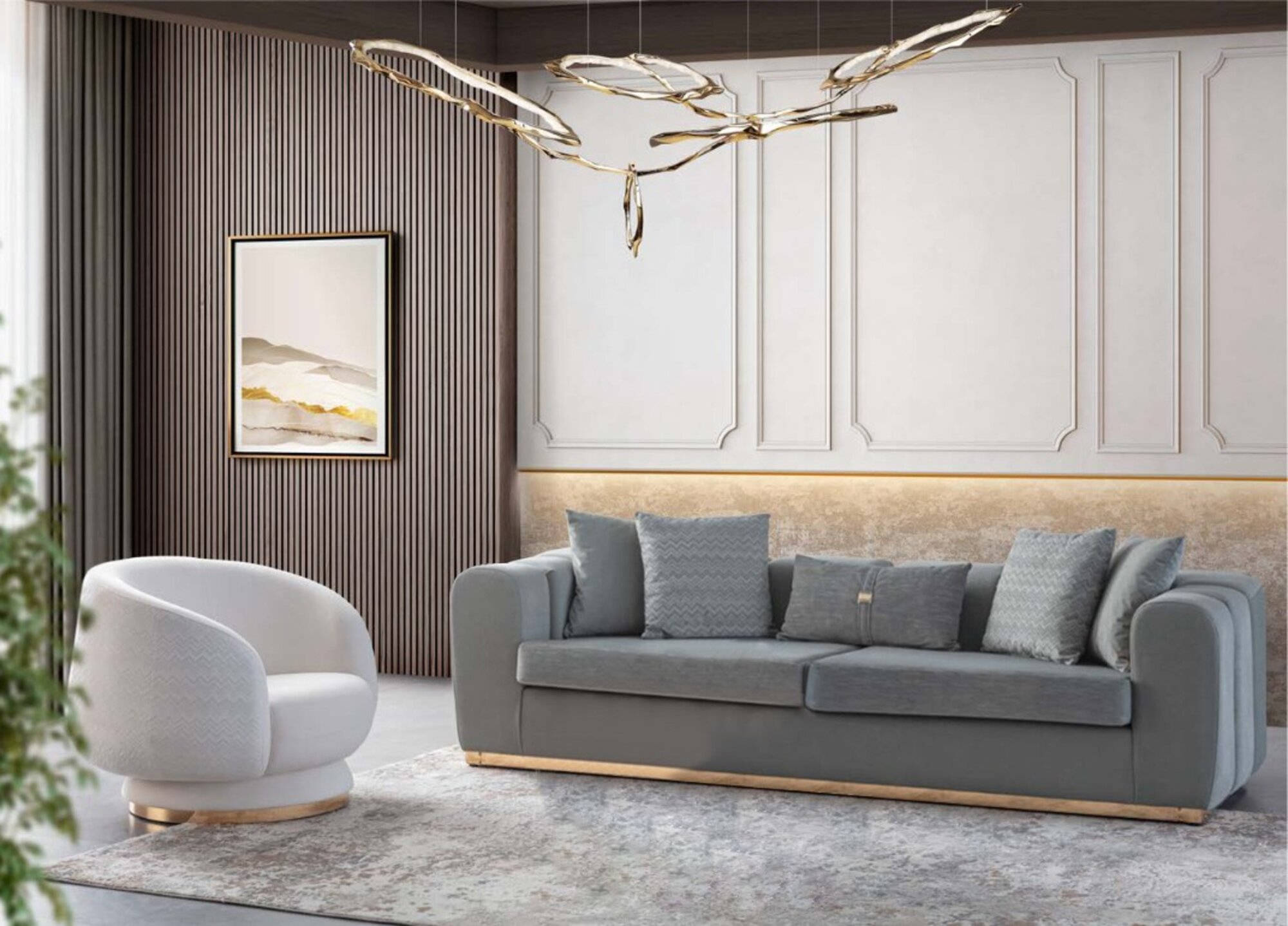 Grau-WeiÃes Sofa Set Wohnzimmer Viersitzer Couch Sessel 2tlg
