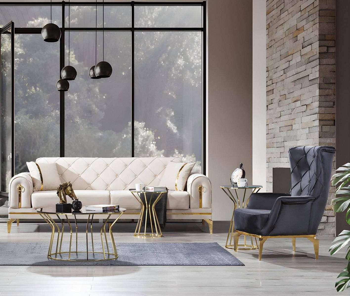 Exklusive Chesterfield Couchgarnitur WeiÃer Dreisitzer Grauer Sessel