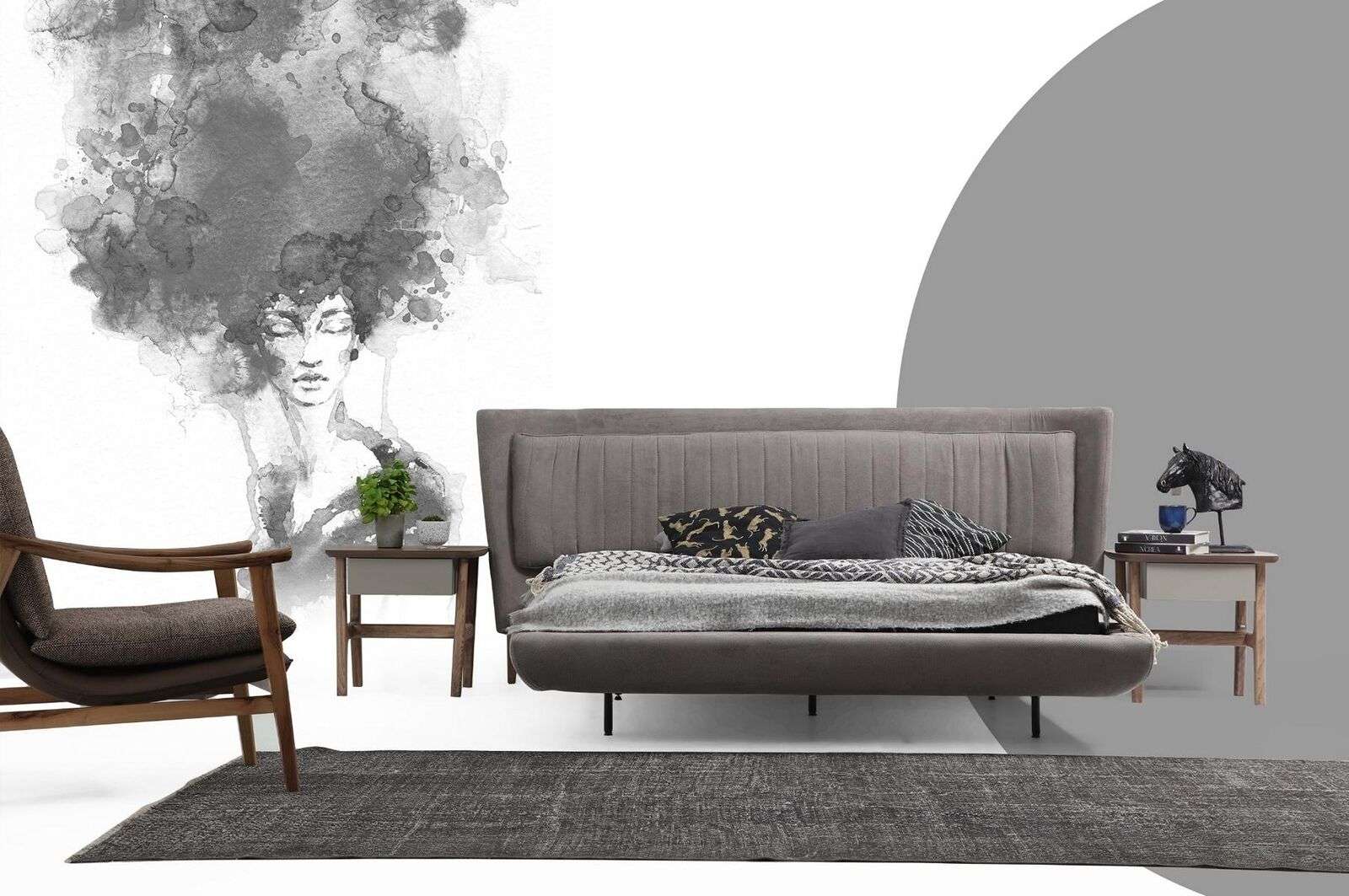 Garnitur Schlafzimmer Doppelbett Bett Nachttische Grau Set 3tlg Stoff