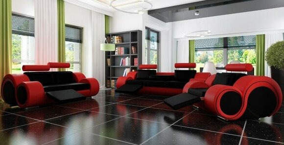 Sofagarnitur Schwarz Rot Couch BERLIN 3+2+1 Sitz Sofa Polster Garnitur