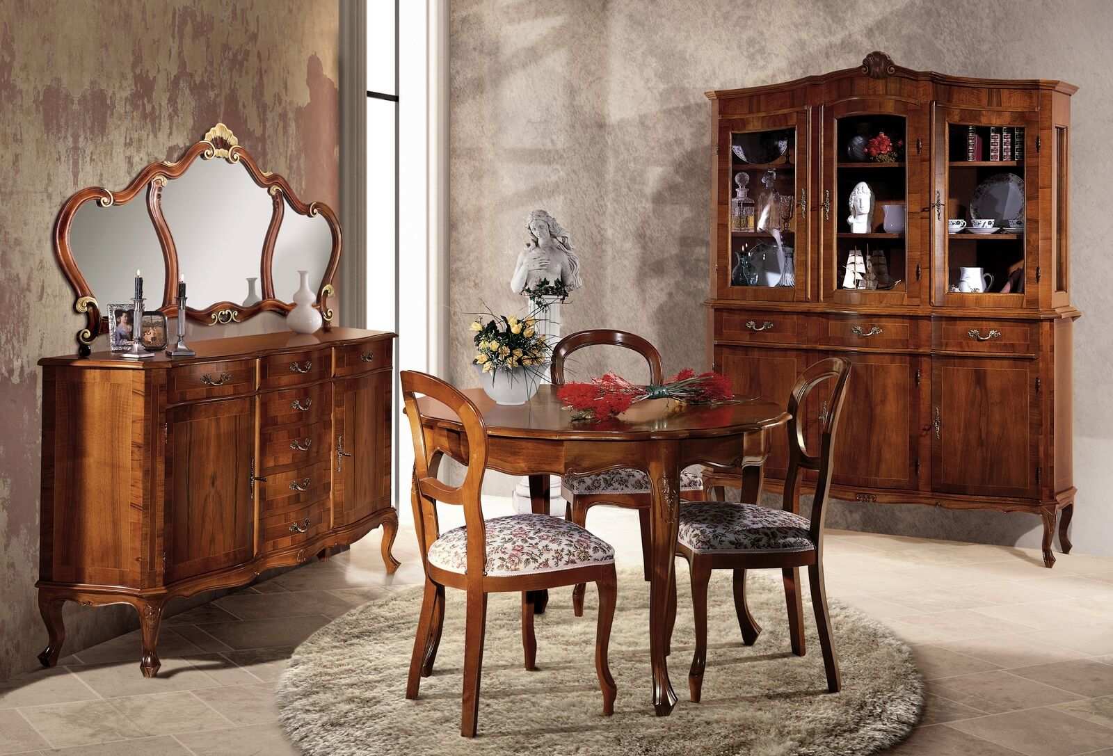 Luxus Esszimmer Set Garnitur 7tlg Braun Holz MÃ¶bel Kommode Stuhl Tisch Vitrine