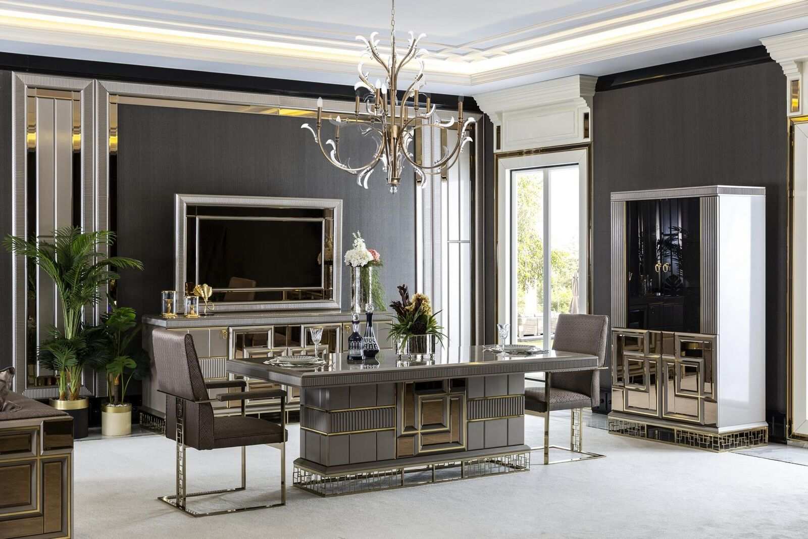 Elegantes Esszimmer Set Grau Esstisch 4x StÃ¼hle Anrichte Spiegel 8tlg.