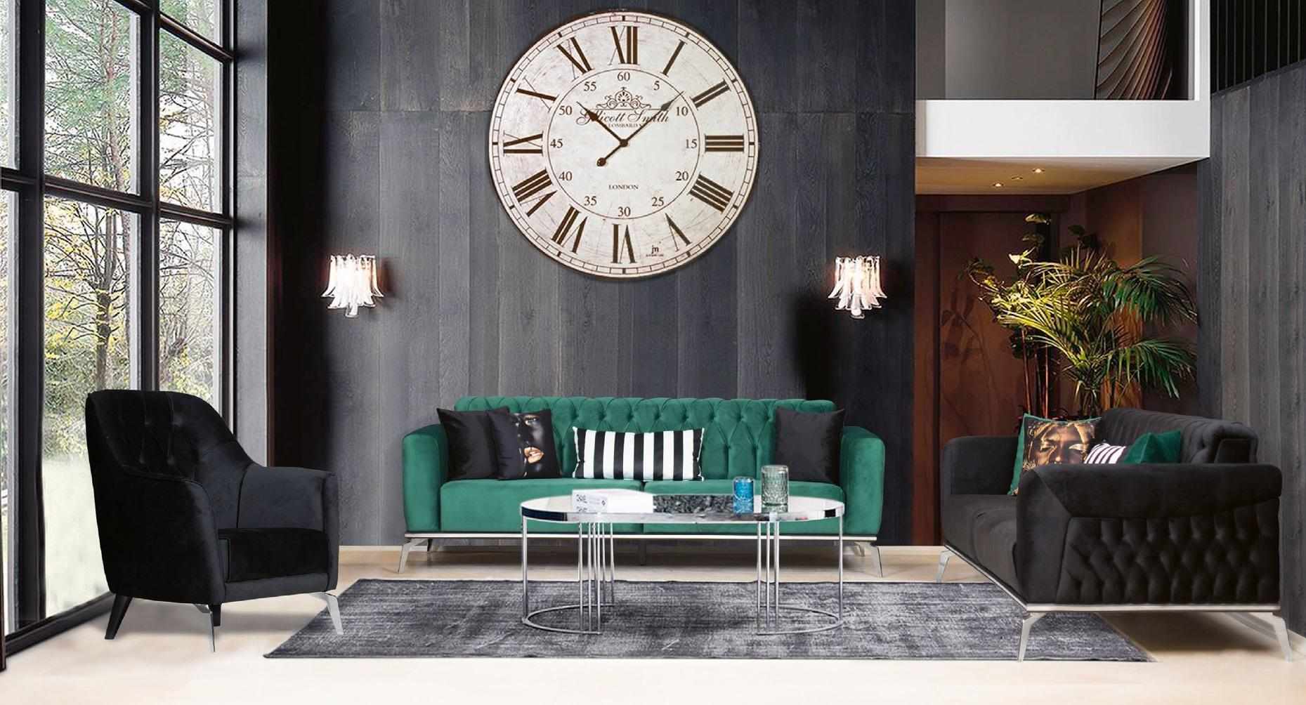 Modernes Wohnzimmer Set 2 weiche Chesterfield Sofas + moderner schwarzer Sessel