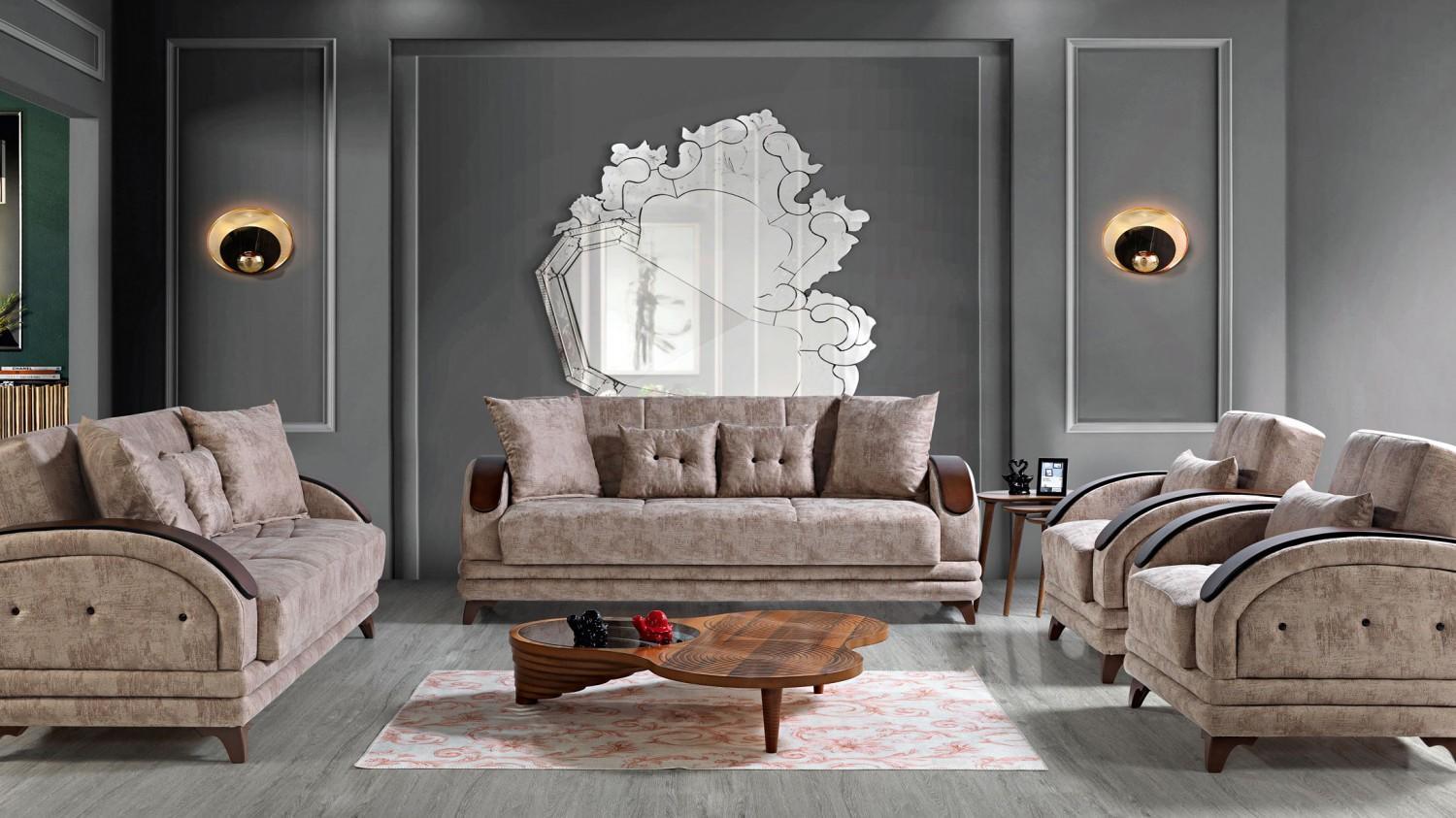 Sofagarnitur 3+2+1+1 Holz Wohnzimmer Luxus Sofa Modern Stoff Komplett Modern Neu