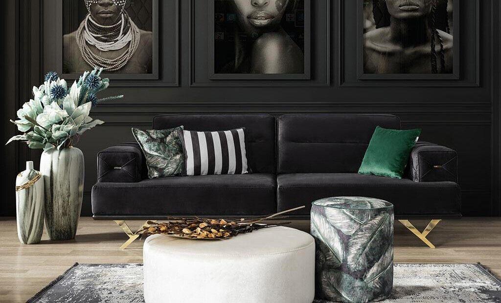 Schwarzer Dreisitzer WohnzimmermÃ¶bel Couchtisch Hocker Modernes Design