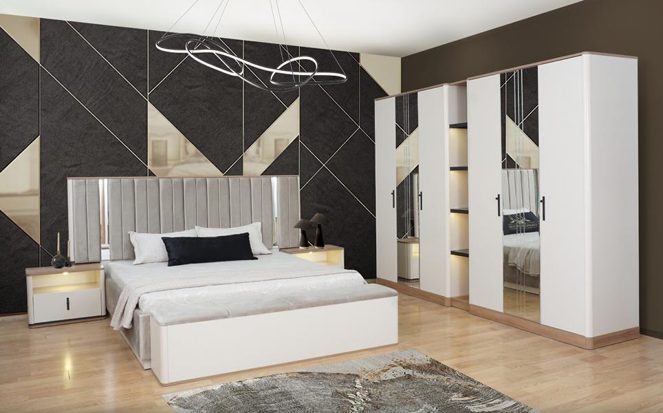 Bett Bank 2x Nachttische Kleiderschrank Verspiegelt WeiÃ Schlafzimmer 5tlg