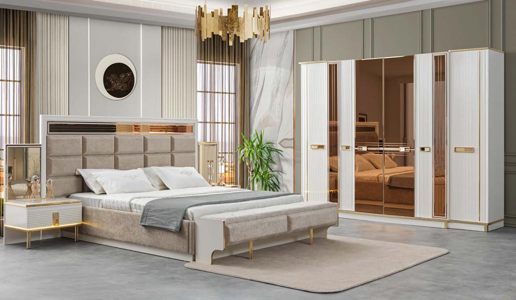 Luxus Schlafzimmer Gold WeiÃ Bett Kleiderschrank 2x Nachttisch Komplettes Set