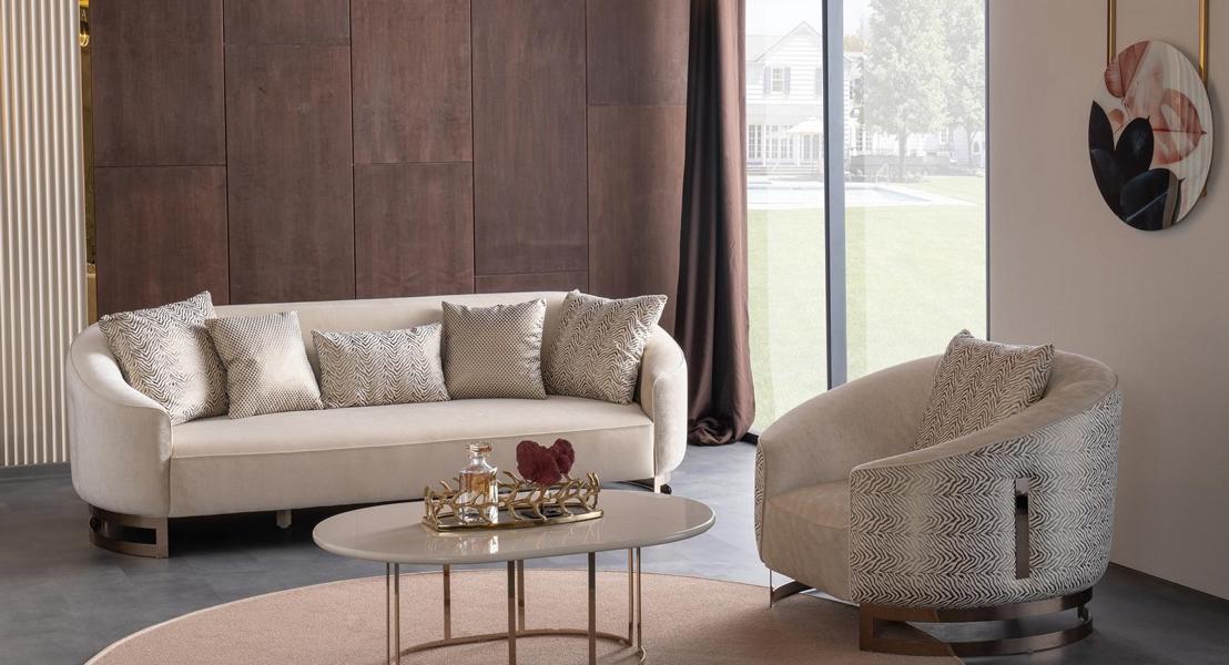 Luxus Couchgarnitur Sofa 3 Sitzer Sessel Dreisitzer Couch Beige Gold
