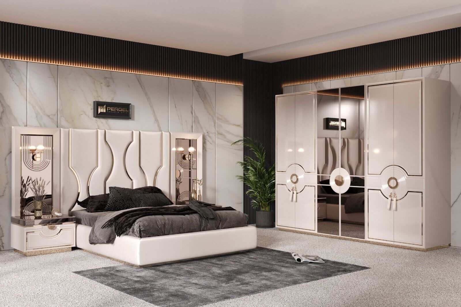 Modernes Schlafzimmer-Set 5-tlg. Luxus Bett, Schrank, Nachttische, Schminktisch