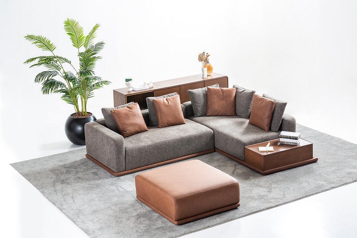 Wohnzimmer Sitzgarnitur Graues L-Form Sofa Brauner Hocker Luxus MÃ¶bel