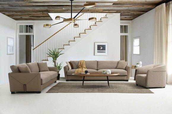 Sofagarnitur 441 Sitzer Sessel Viersitzer Modern Stoff Beige Set 3tlg