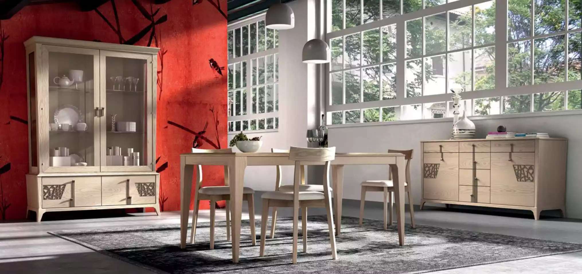 Garnitur Set Tisch 4x StÃ¼hle Beige Vitrine Set Essgruppe 7tlg. Esszimmer