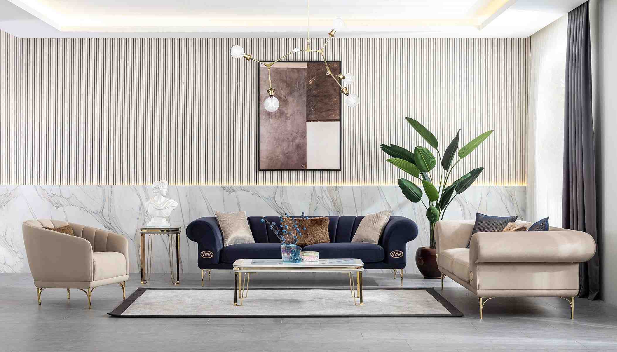 Blau-Beiges Wohnzimmer Set Luxus Sofagarnitur 3+3+1 Sitzer Design Couch