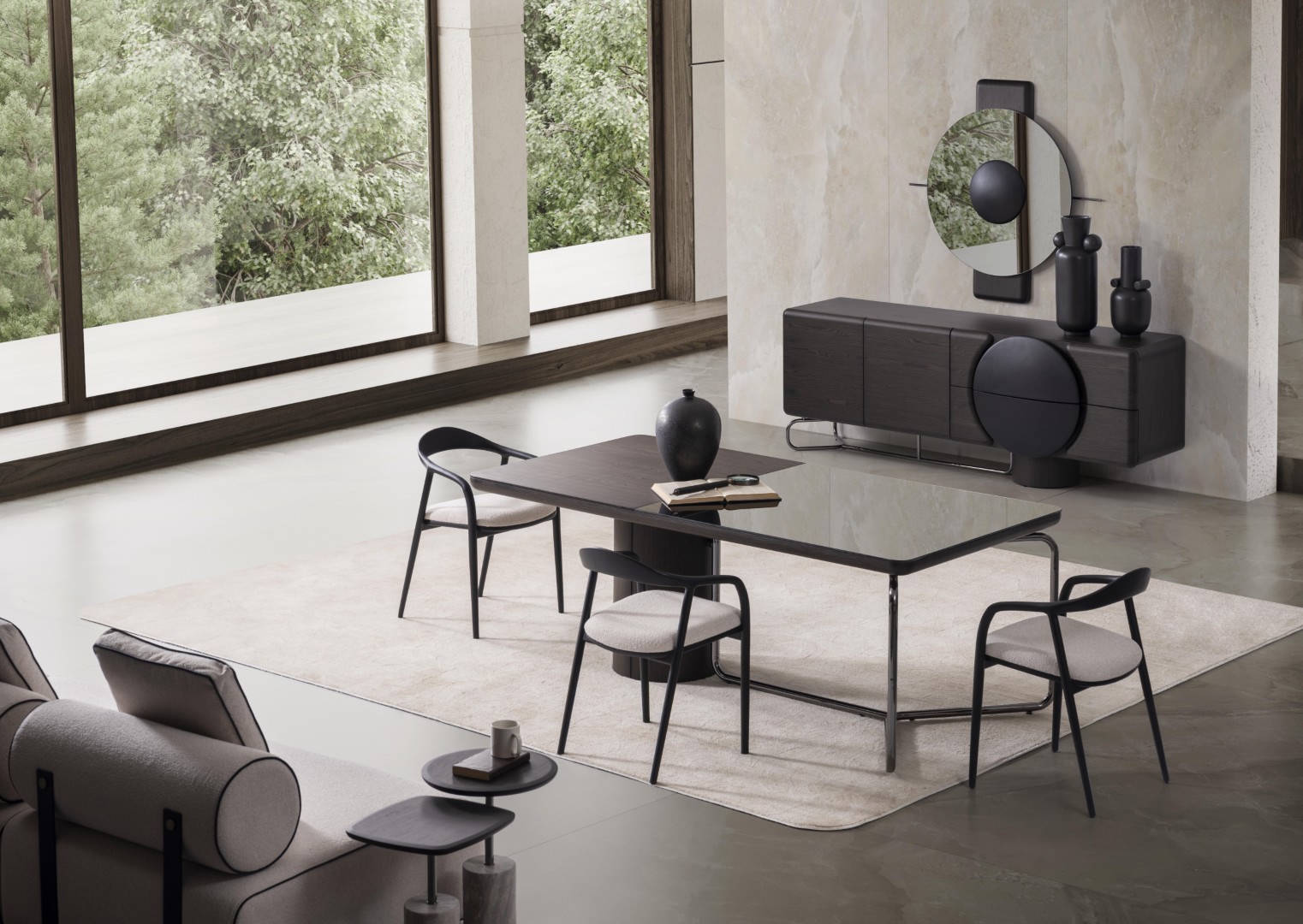Schwarzes Esszimmer Set aus Holz modern mit Spiegel, Sideboard